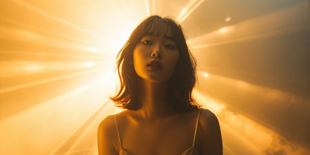 Elegant Asian Woman in Golden Hour Lightの素材