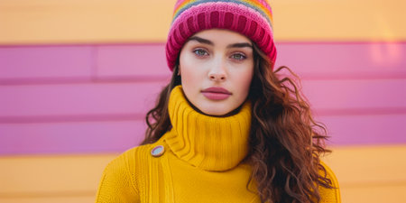 Cozy Fashion Statement: Woman in Yellow Sweater and Multicolored Beanie Against Striped Backgroundの素材