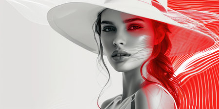 Elegant Woman in White Dress Against a Striped Red Background with Dramatic Shadowsの素材