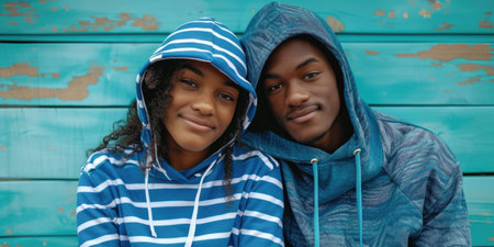 Casual and Comfortable: Young Couple in Striped Hoodies Leaning Against a Blue Wallの素材