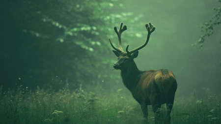 Solitary Deer Standing in a Misty Green Forest Gladeの素材