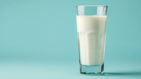 Simplicity in a Sip: A Full Glass of Milk on Pastel Blue Backgroundの素材