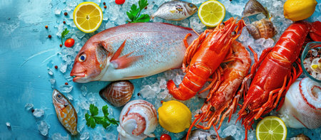 Assorted Fresh Seafood Display on Crushed Ice with Herbs and Lemonの素材