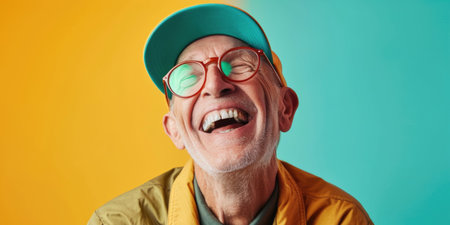 Joyful Elderly Man Laughing with Red Glasses on a Colorful Backgroundの素材