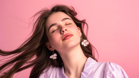 Serene Beauty: Young Woman with Flowing Hair and Closed Eyesの素材