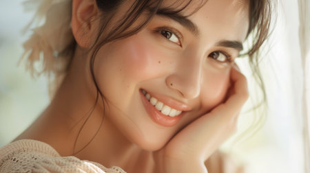 Serene Beauty - Close-Up of a Smiling Young Woman with Natural Lightの素材