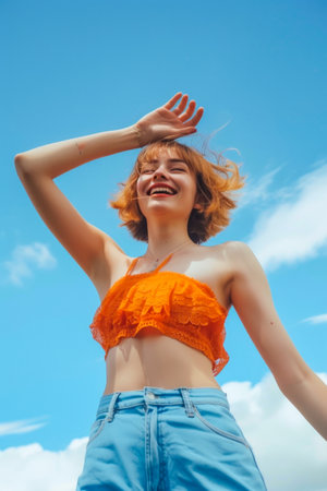 Sun-kissed Joy - Woman with Short Orange Hair Celebrating Summerの素材