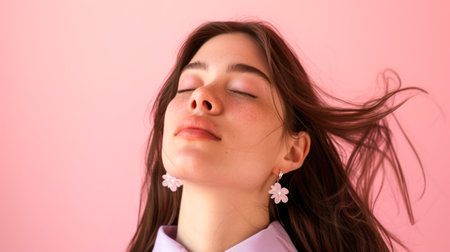 Serene Beauty: Young Woman with Flowing Hair and Closed Eyesの素材