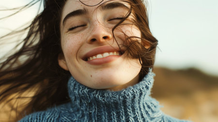 Young Woman Enjoying a Breezy Dayの素材