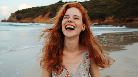 Laughing Red-Haired Woman Enjoying Life at the Beachの素材