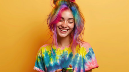 Joyful Young Woman with Rainbow-Colored Hair Wearing Tie-Dye Shirtの素材