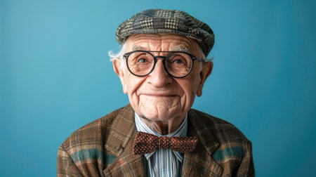 Smiling Senior Man in Vintage Cap and Glasses Over Blue Backgroundの素材