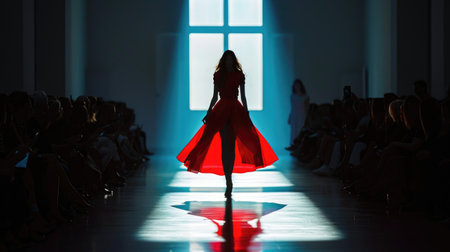 Dramatic Silhouette of a Model on Fashion Show Runwayの素材