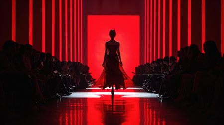 Dramatic Silhouette of a Model on Fashion Show Runwayの素材