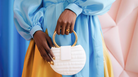 Close-up of a Chic Blue Dress and White Round Purseの素材