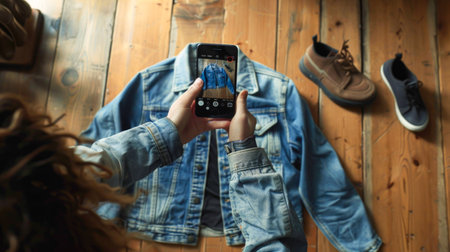 Creative Composition: Person Capturing Denim Jacket and Sneakers with Smartphoneの素材
