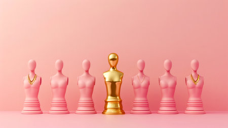 Unique Among Equals - Golden Mannequin Standing Out in a Line of Pale Mannequinsの素材