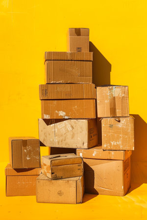 Stacked Cardboard Boxes Against Yellow Backgroundの素材