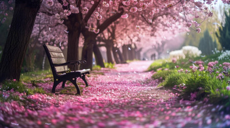 Serene Park Bench Under a Canopy of Pink Cherry Blossomsの素材