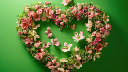Heart-shaped Floral Arrangement on Vibrant Green Background for Romantic Conceptsの素材
