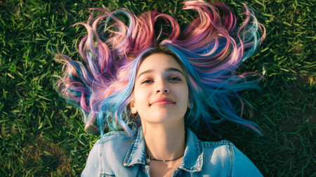 Young Woman with Colorful Dyed Hair Lying in Grassの素材