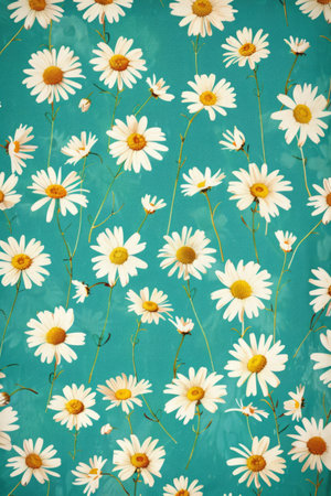 Daisy Patterns on Turquoise Fabric: A Vintage Floral Textile Designの素材