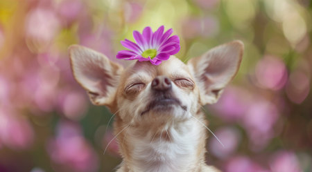 Adorable Chihuahua Enjoying Spring with Flower Crown, Cute Pet Photographyの素材