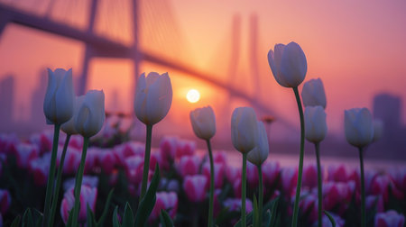 Serene Sunset over Tulip Field with a Beautiful Bridge Silhouette in the Backgroundの素材