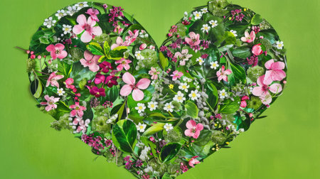 Heart-shaped Floral Arrangement on Vibrant Green Background for Romantic Conceptsの素材