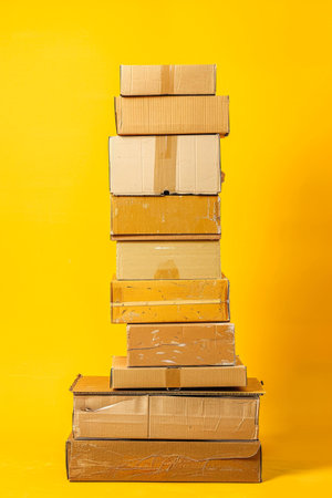 Stacked Cardboard Boxes Against Yellow Backgroundの素材