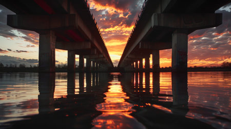 Stunning Sunset Underneath a Bridge Reflecting on the Waterの素材