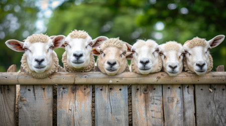 Curious Sheep Peering Over a Wooden Fence in a Pastureの素材