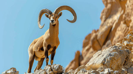 Majestic Alpine Ibex Standing Atop Rocky Mountain Outcropの素材
