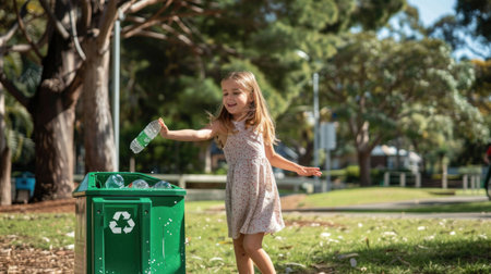 Young Girl Joyfully Throwing a Plastic Bottle into a Recycling Bin in the Parkの素材