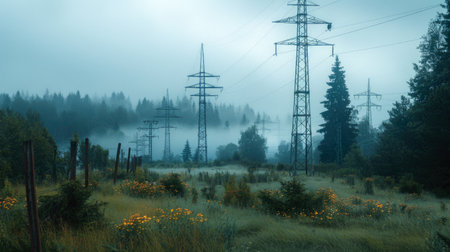 Misty Morning with Electricity Power Lines in Forested Landscapeの素材