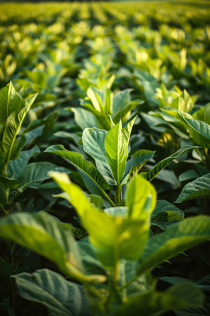 Lush Tobacco Plantation: Rows of Green Under the Sunの素材