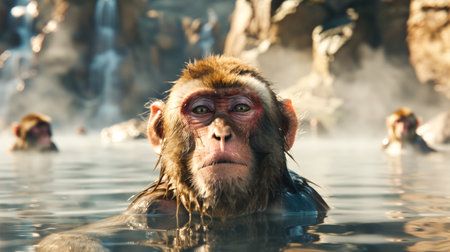 Japanese Snow Monkeys Soaking in Hot Springs During Winter Seasonの素材