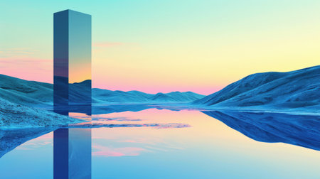 Surreal Landscape with Monolithic Structure Reflecting in Calm Waters at Sunset abstract backgroundの素材
