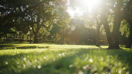 Sunlit Park with Lush Green Trees and Sparkling Dew on Grass Creating a Peaceful Morning Scene backgroundの素材