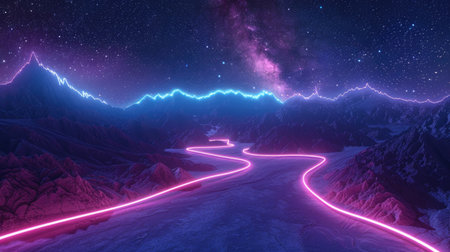 Vibrant Neon Mountain Range Under Starlit Sky - A Surreal Landscape for Dreamy Exploration abstract backgroundの素材