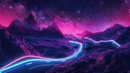 Vibrant Neon Mountain Range Under Starlit Sky - A Surreal Landscape for Dreamy Exploration abstract backgroundの素材
