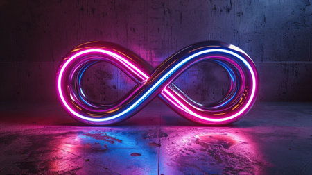Infinite Neon Infinity Symbol - Glowing Endless Loop on Dark Background for Conceptual and Modern Artの素材
