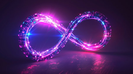 Infinite Neon Infinity Symbol - Glowing Endless Loop on Dark Background for Conceptual and Modern Artの素材