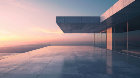 Futuristic Floating House at Sunset on a Tranquil Salt Flat - Modern Architecture Meets Serene Nature in a Dreamy Pastel Landscapeの素材