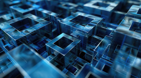 Endless Blue Maze: 3D Rendered Labyrinth in Monochromatic Blue Tones Representing Challenges and Puzzles abstract backgroundの素材