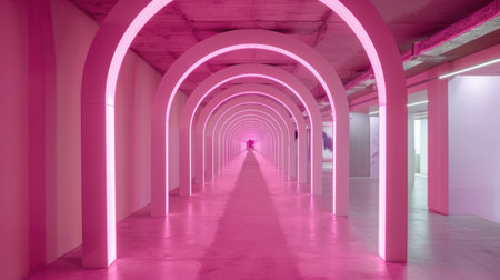 Futuristic Pink Tunnel Walkway Illuminated with Radiant Light, Modern Urban Corridor abstract backgroundの素材