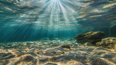 Underwater Sunbeams - Radiant Light Filtering through Clear Blue Ocean Water, Illuminating Coral Reef and Marine Lifeの素材