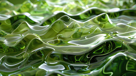 Fluid Dynamics in Nature, Lush Green Liquid Waves Abstract Background with Light Reflectionsの素材