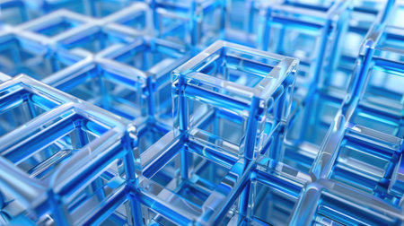 Endless Blue Maze: 3D Rendered Labyrinth in Monochromatic Blue Tones Representing Challenges and Puzzles abstract backgroundの素材
