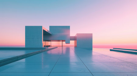Futuristic Floating House at Sunset on a Tranquil Salt Flat - Modern Architecture Meets Serene Nature in a Dreamy Pastel Landscapeの素材